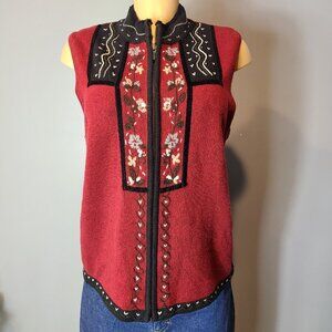 Vtg Floral Cottage Hand Embroidered Velvet Sweater Vest Fair Isle Zip Sz XL